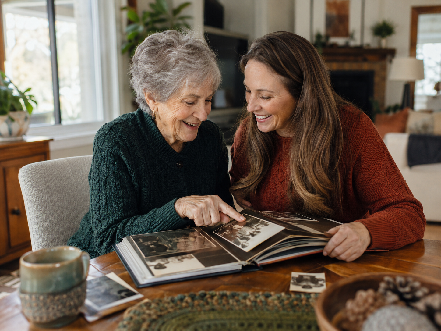 An older adult and companion enjoying an everyday moment together at home